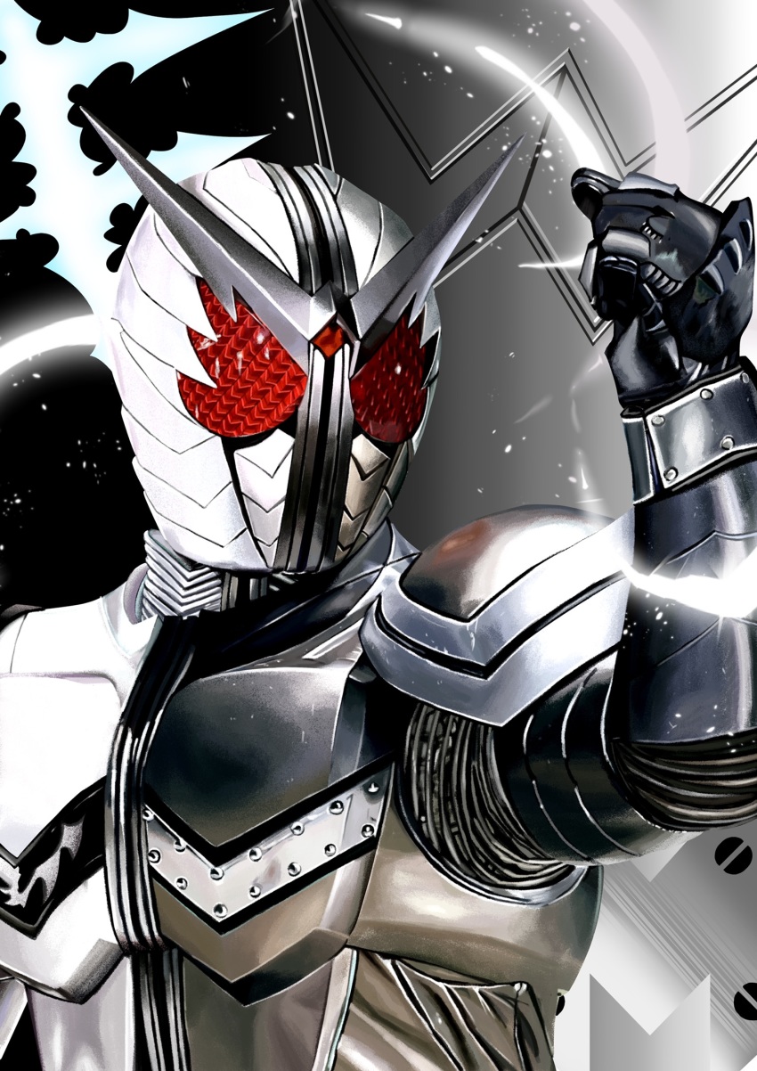 4ze_meteor, armor, black_armor, black_background, black_gloves, character_request, check_character, facing_viewer, fuuto_tantei, gloves, highres, kamen_rider, kamen_rider_double, kamen_rider_double_(fangmetal), kamen_rider_joker, kamen_rider_w, mask, tokusatsu, upper_body