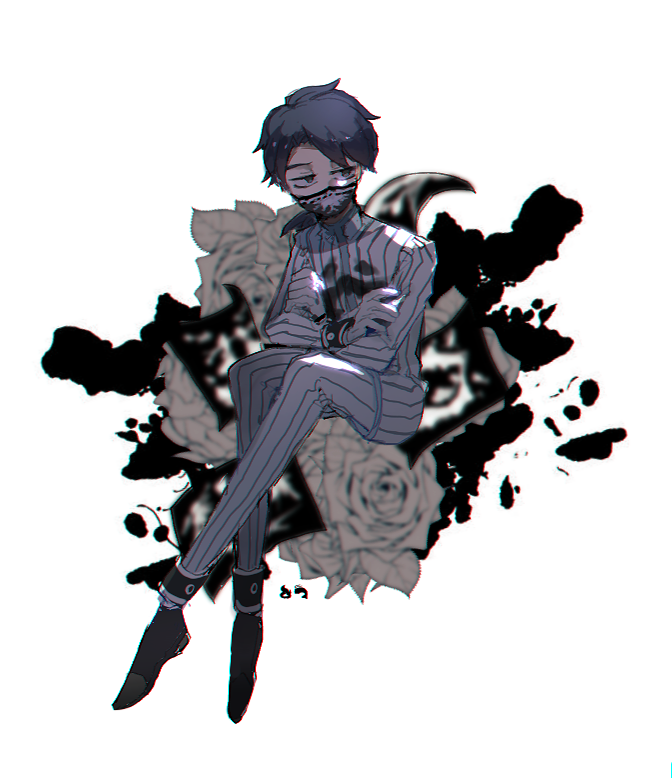 1boy, aesop_carl, aesop_carl_(rorschach_physician), blue_hair, crossed_arms, crossed_legs, flower, full_body