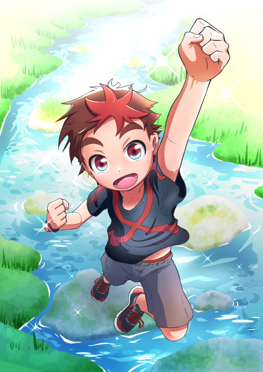 1boy, blue_shirt, brown_hair, child, clenched_hands, commentary_request, day, from_above