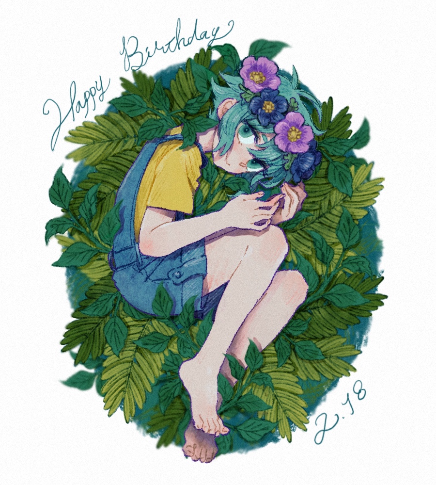 1boy, barefoot, basil_(headspace)_(omori), basil_(omori), closed_mouth, dated, flower, green_eyes, green_hair, happy_birthday, head_wreath, looking_at_viewer, lying, nagakun_omo, omori, on_side, overall_shorts, overalls, shirt, short_hair, short_sleeves, smile, solo, yellow_shirt