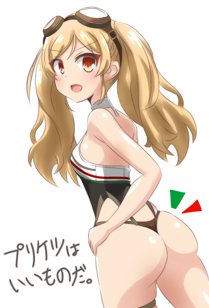 1girl, absurdres, ass, azur_lane, black_panties, blonde_hair, blush, breasts, goggles, goggles_on_head, hand_on_own_hip, highres, huge_ass, leonardo_da_vinci_(azur_lane), long_hair, looking_back, open_mouth, panties, red_eyes, revealing_clothes, shiny_skin, simple_background, small_breasts, takezuchi, thong, twintails, underwear, white_background, wide_hips