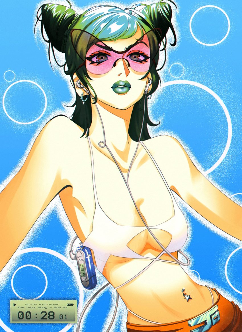 1girl, belt_buckle, blue_background, breasts, buckle, cable, cleavage, mp3_player, digital_walkman, double_bun, earbuds, earphones, earrings, gab_(gabellament), green_eyes, green_hair, green_lips, hair_bun, hair_horns, highres, jewelry, jojo_no_kimyou_na_bouken, kuujou_jolyne, lips, lipstick, listening_to_music, makeup, medium_breasts, navel, navel_piercing, no_bra, piercing, revealing_clothes, solo, spaghetti_strap, star_(symbol), stone_ocean, underbust, walkman_b_series, y2k_fashion