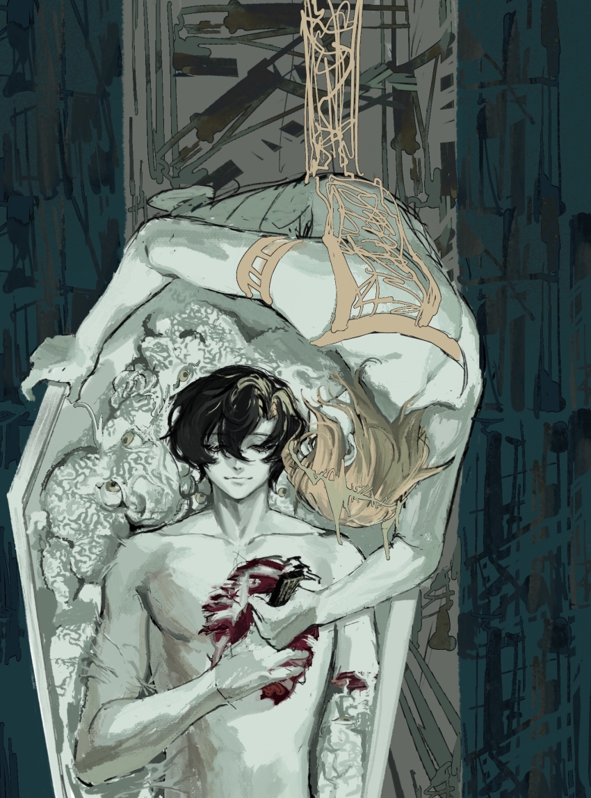 2boys, adam_(lord_of_the_mysteries), ancient_sun_god, angel, black_hair, blonde_hair, bone, chinese_commentary