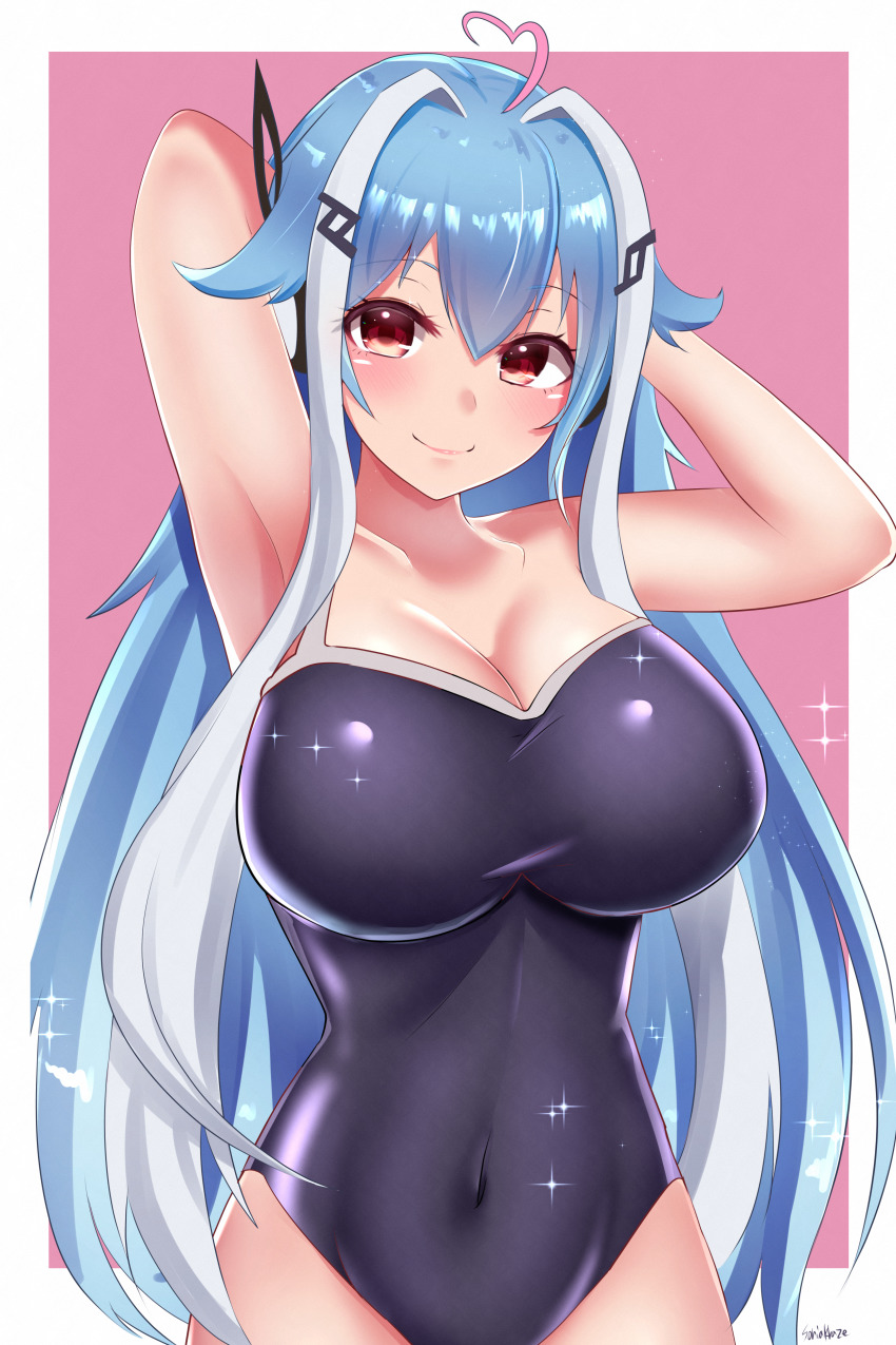 1girl, absurdres, ahoge, amamiya_kure, armpits, arms_behind_head, bemani, black_one-piece_swimsuit