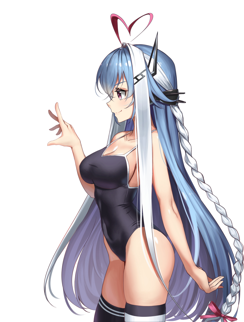 1girl, absurdres, ahoge, asymmetrical_legwear, bemani, black_one-piece_swimsuit, blue_hair, braid