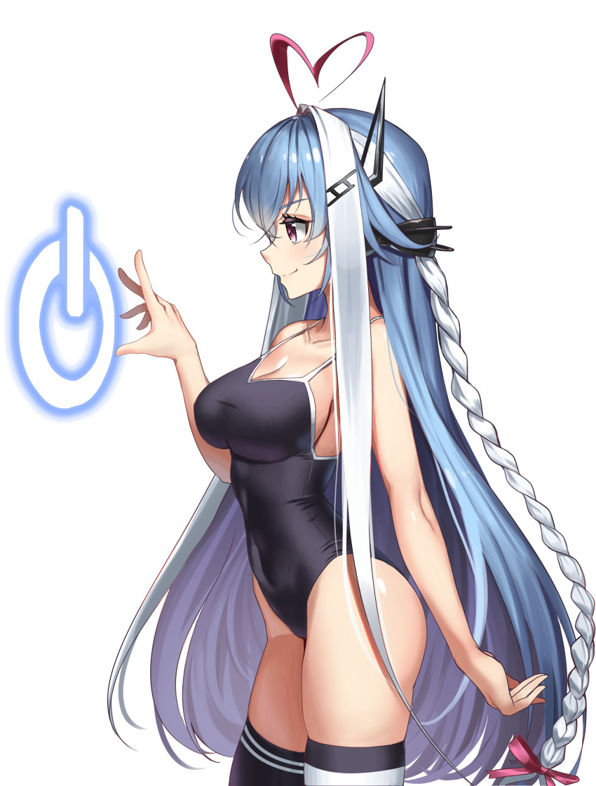 1girl, absurdres, ahoge, asymmetrical_legwear, bemani, black_one-piece_swimsuit, blue_hair, braid