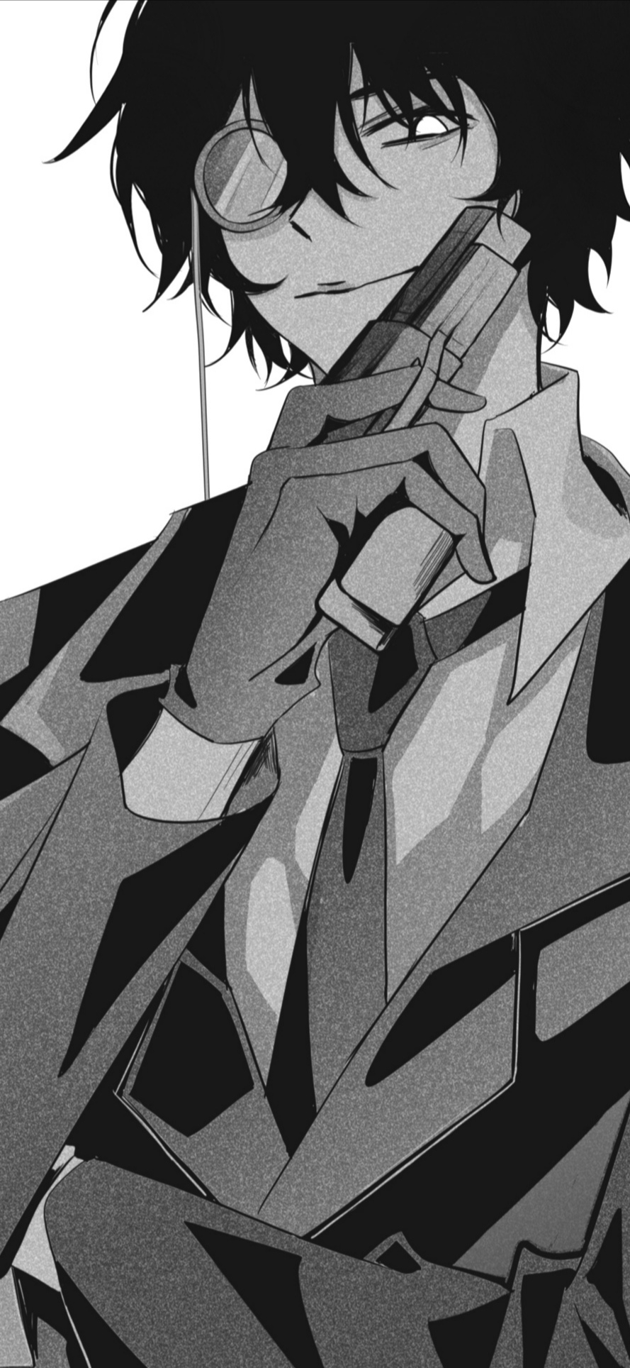 1boy, amon_(lord_of_the_mysteries), angel, black_hair, card, chinese_commentary, commentary_request, gloves, gun, highres, holding, holding_gun, holding_weapon, long_sleeves, looking_at_viewer, lord_of_the_mysteries, monochrome, monocle, playing_card, simple_background, solo, weapon, white_background, wuchan_(princeofasgard855)