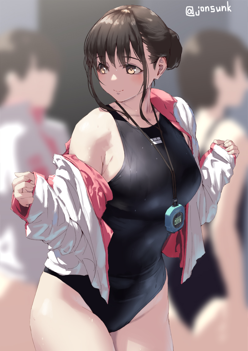 1girl, 3girls, aya_(jonsun), black_one-piece_swimsuit, blurry, blurry_background, breasts, brown_hair