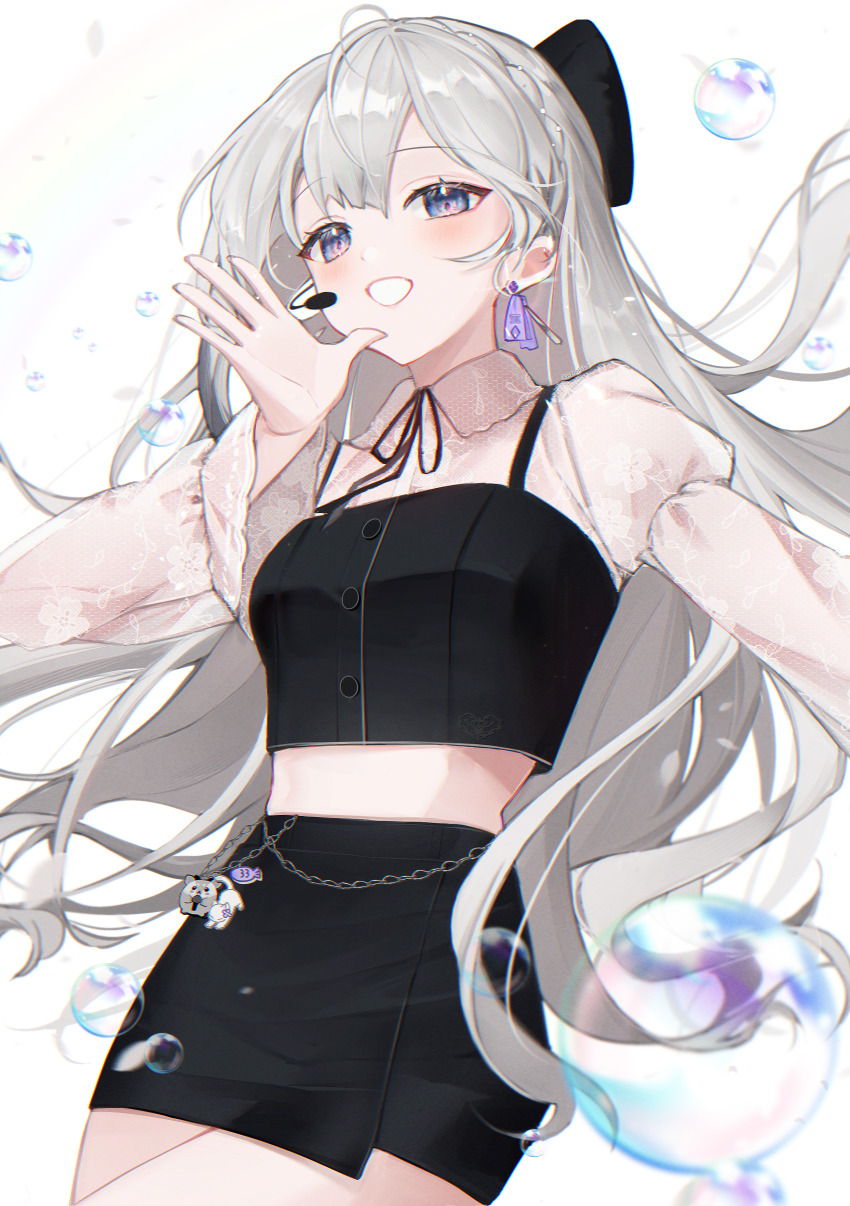1girl, :d, absurdres, black_bow, black_ribbon, black_skirt, blue_eyes, blush, bow, bow_earrings, bubble, chain, chain_belt, charm_(object), collared_shirt, crop_top, earrings, hair_bow, highres, hololive, hololive_indonesia, jewelry, lace, lace_sleeves, long_hair, looking_at_viewer, microphone, miniskirt, neck_ribbon, nellku24, open_mouth, out_of_frame, palms, ribbon, see-through_clothes, see-through_shirt, shirt, simple_background, skirt, smile, solo, vestia_zeta, virtual_youtuber, white_background, white_shirt