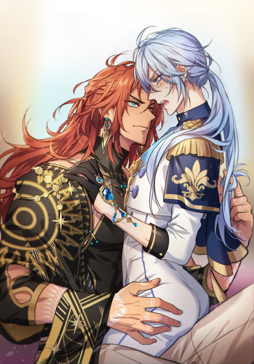 2boys, absurdres, aqua_eyes, black_gloves, blue_eyes, blue_hair, blush, bodypaint