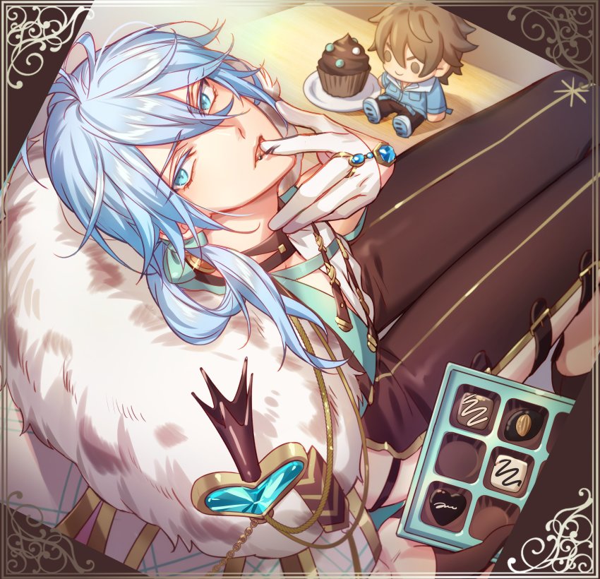 absurdres, asymmetrical_gloves, black_gloves, blue_eyes, blue_hair, box, box_of_chocolates, candy, character_doll, chocolate, cupcake, doll, edmond_(nu_carnival), edmond_(white_lover)_(nu_carnival), eiden_(nu_carnival), food, fur_trim, gloves, highres, holding, holding_chocolate, holding_food, long_hair, long_sleeves, looking_at_viewer, low_ponytail, male_focus, nu_carnival, official_alternate_costume, ponytail, white_gloves, zehel_az