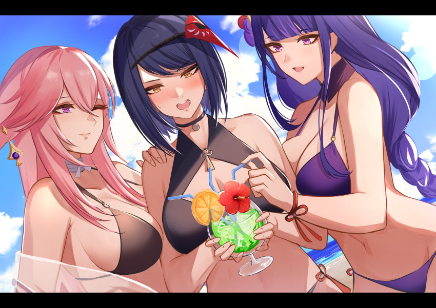 3girls, bikini, bird_mask, black_bikini, black_choker, black_hair, blue_sky, blush, breasts, choker, cleavage, drink, drinking_straw, dutch_angle, earrings, flower, flower_in_drink, food, fruit, genshin_impact, hair_flower, hair_ornament, hibiscus, highres, jewelry, kujou_sara, large_breasts, letterboxed, long_hair, mask, mask_on_head, multiple_girls, one_eye_closed, orange_(fruit), orange_slice, pink_hair, pnatsu, purple_bikini, purple_eyes, purple_hair, raiden_shogun, short_hair, single_earring, sky, sweatdrop, swept_bangs, swimsuit, tassel, upper_body, yae_miko