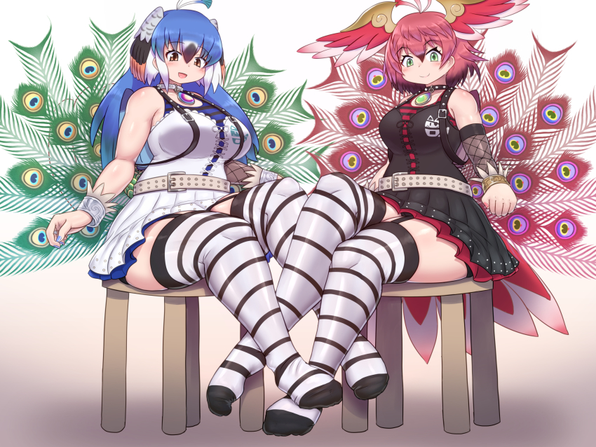2girls, animal_costume, belt, bird_girl, bird_tail, bird_wings, blue_hair, brown_eyes