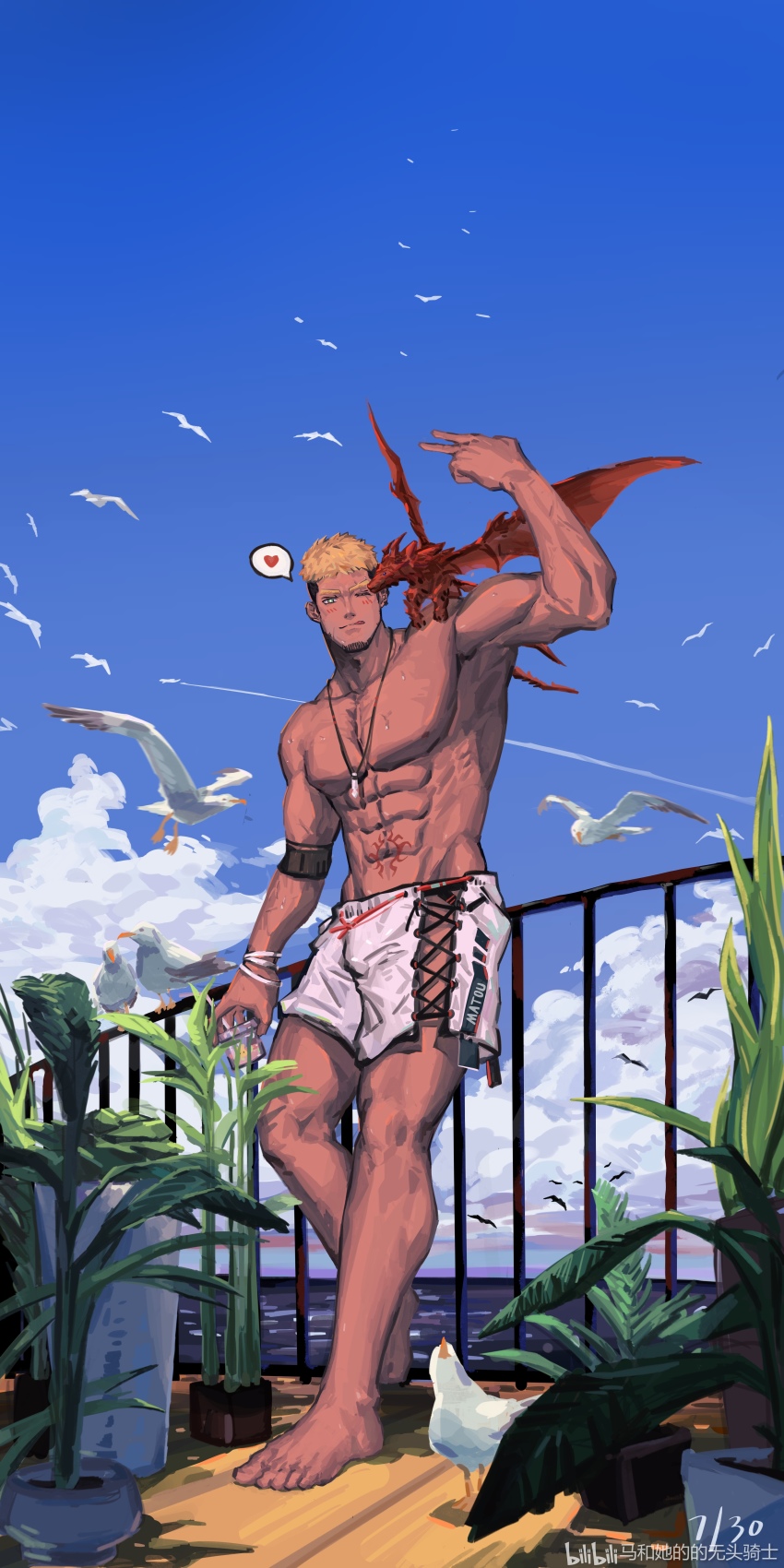 1boy, :p, abs, absurdres, animal, animal_on_shoulder, bara, barefoot