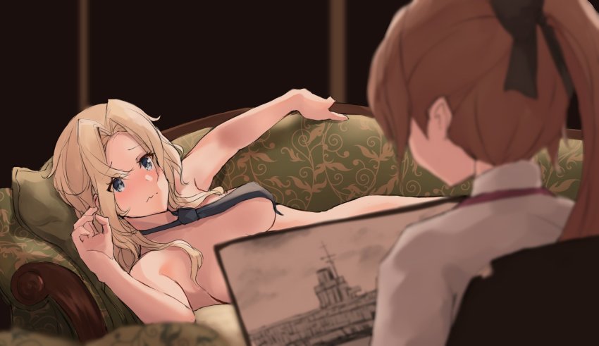 2girls, akigumo_(kancolle), black_necktie, blonde_hair, breasts, brown_eyes, convenient_censoring, couch