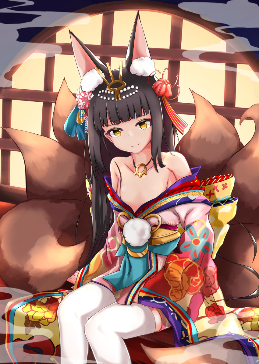 1girl, absurdres, animal_ear_fluff, animal_ears, azur_lane, bare_shoulders, black_hair, breasts
