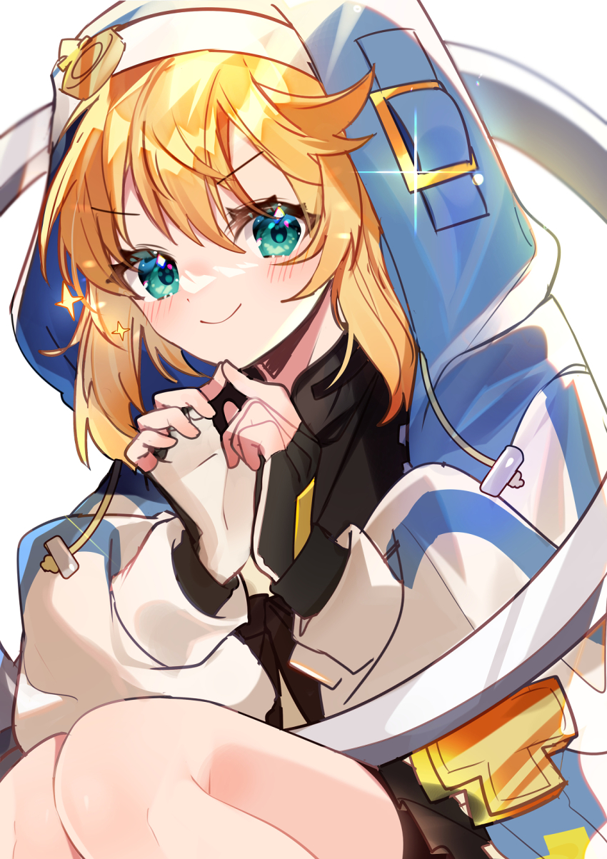 1boy, aya_(aya_op10s), bike_shorts, blonde_hair, bridget_(guilty_gear), fingerless_gloves, gloves, green_eyes, guilty_gear, guilty_gear_strive, highres, hood, hoodie, looking_at_viewer, mars_symbol, simple_background, smile, solo, sparkle, trap, white_background