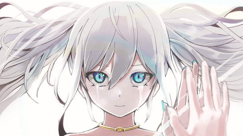 1girl, alternate_hair_color, aqua_eyes, aqua_nails, blurry, blurry_foreground, closed_mouth, commentary, crying, crying_with_eyes_open, different_reflection, fingernails, floating_hair, hair_between_eyes, hand_on_mirror, hand_up, hatsune_miku, highres, jewelry, long_fingernails, long_hair, looking_at_mirror, looking_at_viewer, mirror, nail_polish, neck_ring, pinocchio-p, portrait, reflection, ringed_eyes, sidelocks, smile, solo, tears, twintails, vocaloid, white_background, white_hair, yomei_2:30_(vocaloid)