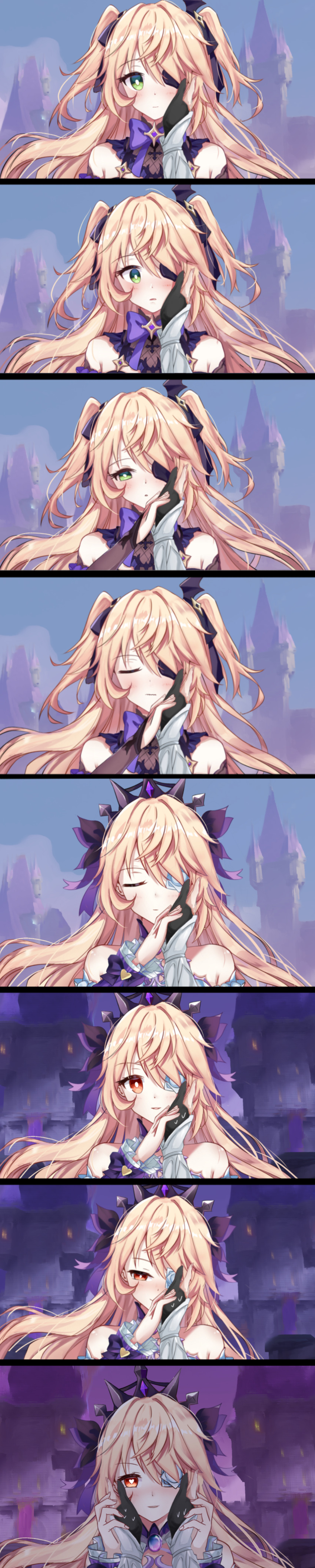 2girls, absurdres, bare_shoulders, blonde_hair, eyepatch, female_pov, fischl_(ein_immernachtstraum)_(genshin_impact), fischl_(genshin_impact), genshin_impact, green_eyes, hair_over_one_eye, hair_ribbon, hand_on_another's_face, heart, heart-shaped_pupils, highres, long_image, long_wuxian, lumine_(genshin_impact), multiple_girls, official_alternate_costume, pov, red_eyes, ribbon, symbol-shaped_pupils, tall_image, yuri