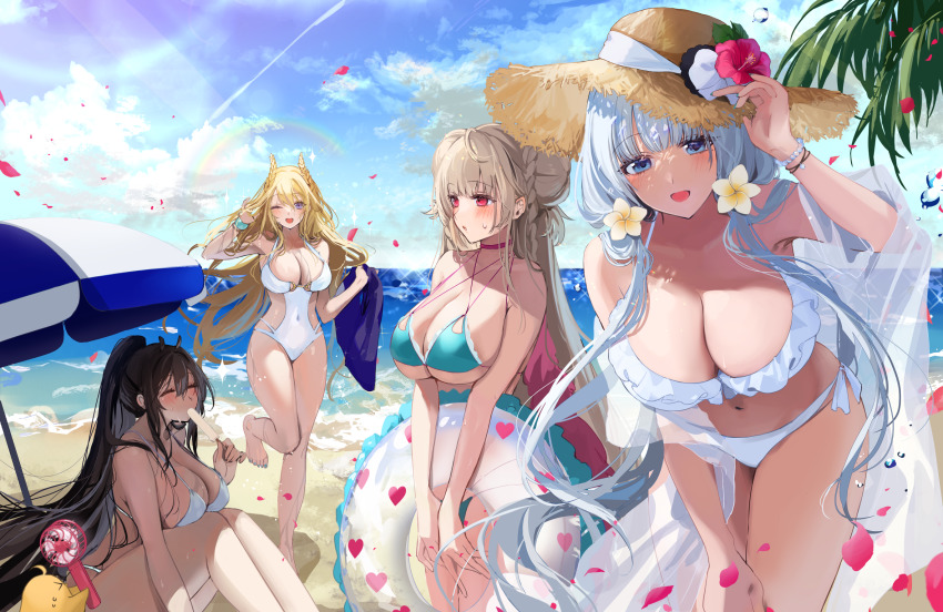 4girls, :d, :o, ;d, ^_^, aqua_bikini, arm_up, azur_lane, baby_animal, bare_shoulders, beach, beach_umbrella, bead_bracelet, beads, bikini, bird, black_hair, blonde_hair, blue_eyes, blue_sky, blunt_bangs, blush, bracelet, braid, braided_bun, breasts, chick, choker, cleavage, closed_eyes, clothing_cutout, cloud, collarbone, covered_navel, criss-cross_halter, day, diffraction_spikes, double_bun, eyelashes, falling_petals, floating_hair, flower, food, food_in_mouth, formidable_(azur_lane), formidable_(the_lady_of_the_beach)_(azur_lane), frilled_bikini, frills, grey_hair, hair_between_eyes, hair_bun, hair_flower, hair_ornament, halterneck, hand_up, hands_up, hat, hat_flower, hat_ribbon, hibiscus, high_ponytail, highres, holding, holding_food, holding_swim_ring, horizon, illustrious_(azur_lane), indomitable_(azur_lane), innertube, jewelry, knees_up, large_breasts, laurel_crown, leaning_forward, leg_up, lens_flare, light_rays, long_hair, looking_at_another, manjuu_(azur_lane), momokan_(kandume200), mouth_hold, multiple_girls, navel, ocean, one-piece_swimsuit, one_eye_closed, open_mouth, outdoors, parted_lips, petals, pink_choker, ponytail, popsicle, purple_eyes, red_eyes, red_flower, ribbon, shawl, side-tie_bikini_bottom, side_cutout, sidelocks, sitting, sky, smile, sparkle, standing, standing_on_one_leg, stomach, straw_hat, string_bikini, sun_hat, sunlight, swim_ring, swimsuit, thighs, tri_tails, umbrella, very_long_hair, victorious_(azur_lane), water, wet, white_bikini, white_hair, white_one-piece_swimsuit, white_ribbon, yellow_flower