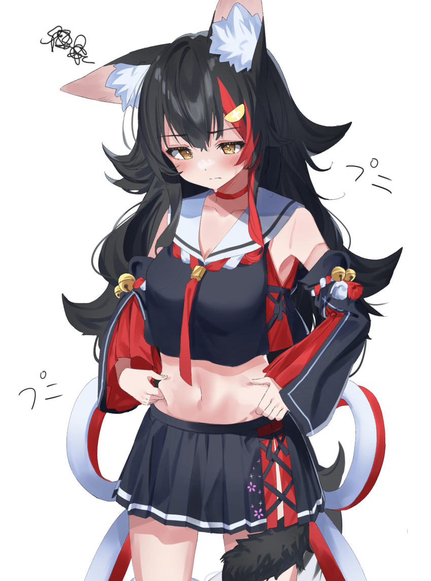 1girl, absurdres, animal_ear_fluff, animal_ears, bell, black_hair, black_shirt, black_skirt