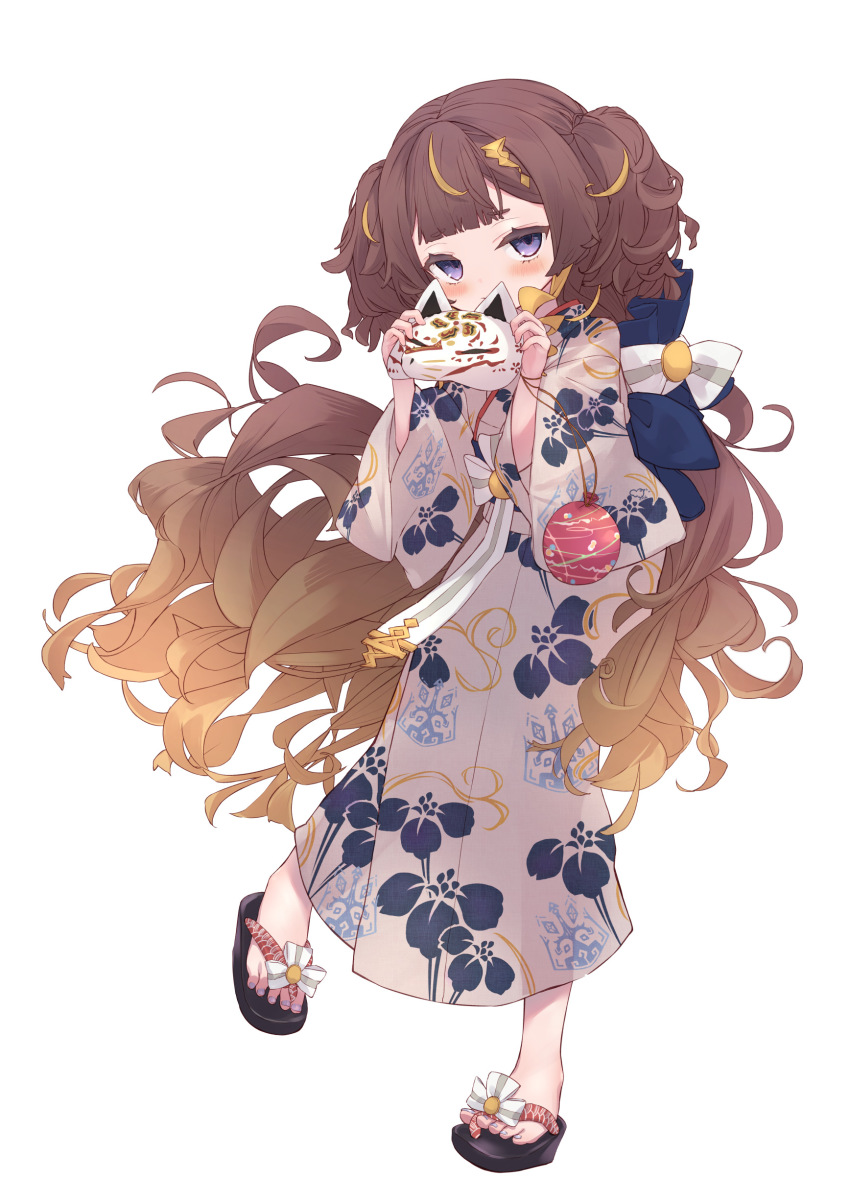 1girl, absurdres, anya_melfissa, blonde_hair, blue_toenails, blush, brown_hair, covering_own_mouth, feet, hair_ornament, hatosasami, highres, holding, holding_mask, hololive, hololive_indonesia, japanese_clothes, kimono, fox_mask, long_hair, mask, multicolored_hair, nail_polish, purple_eyes, purple_kimono, ribbon, sandals, toenails, toes, very_long_hair, virtual_youtuber, water_balloon, wavy_hair, white_ribbon