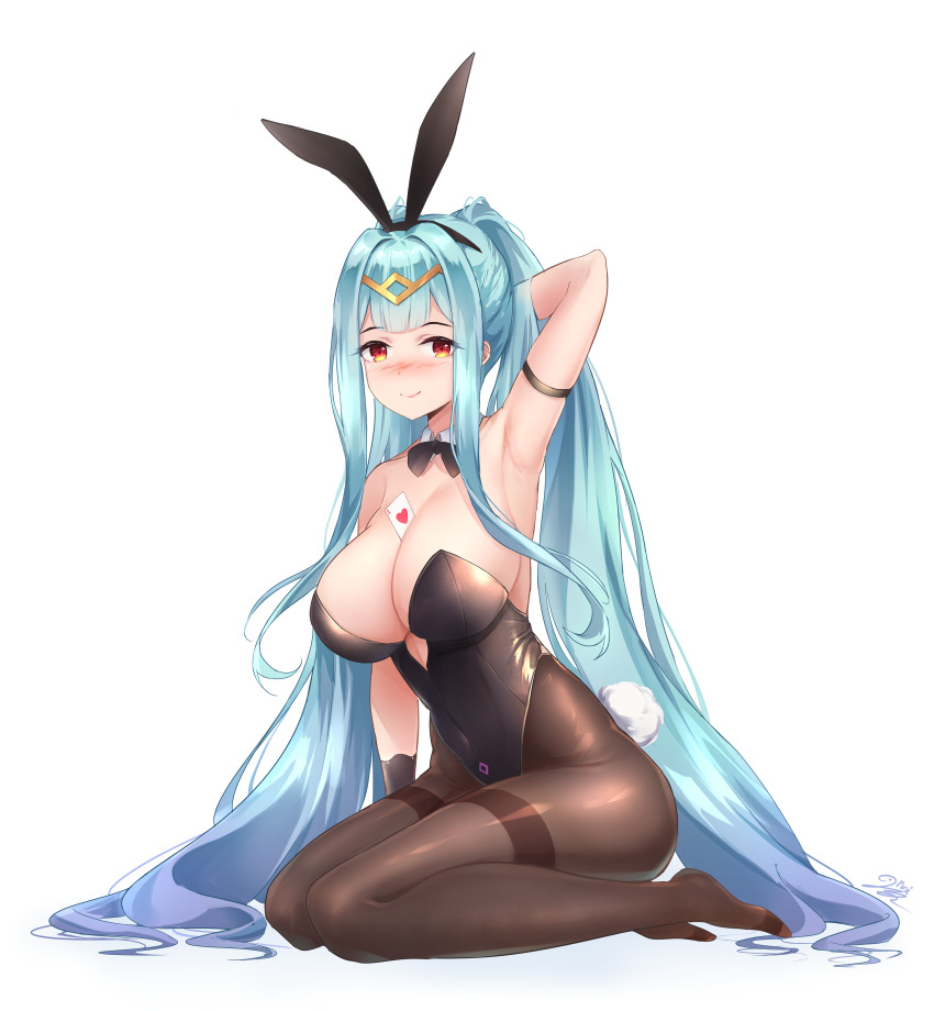 1girl, absurdres, animal_ears, aqua_hair, arm_behind_head, arm_strap, arm_up, armpits, bare_shoulders, between_breasts, black_leotard, blush, bow, bowtie, breasts, brown_pantyhose, card, cleavage, closed_mouth, covered_navel, detached_collar, epic_seven, fake_animal_ears, fake_tail, hairband, hand_in_own_hair, highleg, highleg_leotard, highres, large_breasts, leotard, long_hair, looking_at_viewer, no_shoes, nose_blush, object_on_breast, pantyhose, playboy_bunny, playing_card, ponytail, punimon_(user_ymmd3824), rabbit_ears, rabbit_tail, red_eyes, roana_(epic_seven), seiza, sidelocks, simple_background, sitting, smile, solo, strapless, strapless_leotard, tail, thighband_pantyhose, very_long_hair, white_background
