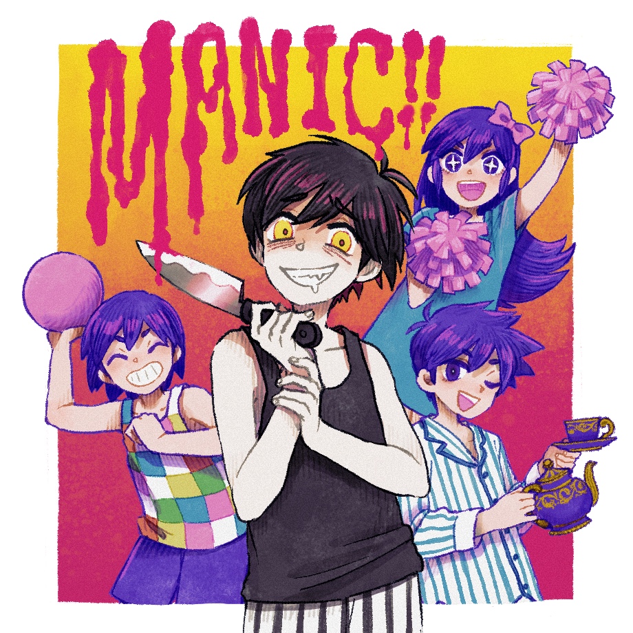 +_+, 1girl, 3boys, aubrey_(headspace)_(omori), aubrey_(omori), ball, black_shirt, blush