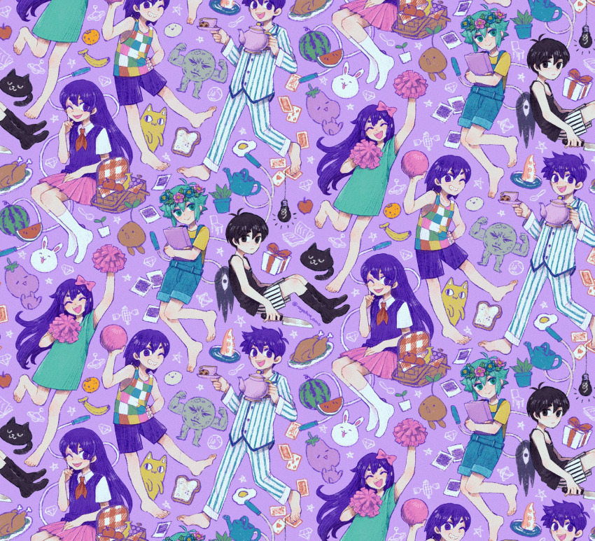 2girls, 4boys, apple, arm_up, aubrey_(headspace)_(omori), aubrey_(omori), ball, banana