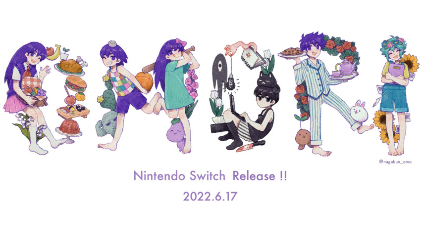 2girls, 4boys, apple, aubrey_(headspace)_(omori), aubrey_(omori), ball, banana, barefoot