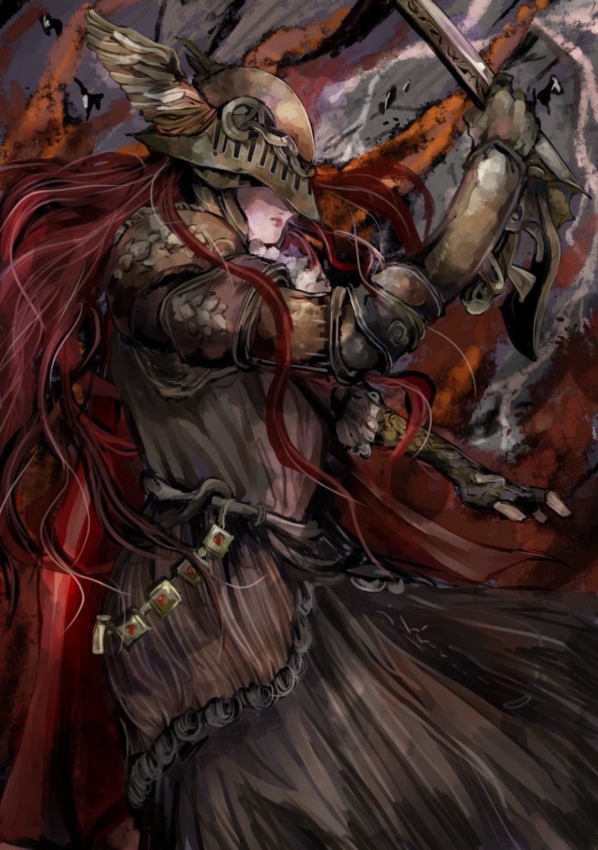 1girl, armor, cape, closed_mouth, covered_eyes, dress, elden_ring, helmet