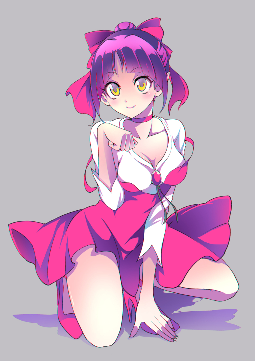 1girl, between_legs, breasts, choker, cleavage, closed_mouth, collarbone, dress