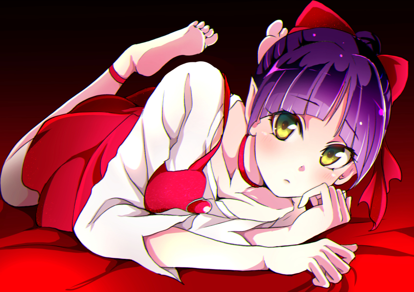 1girl, barefoot, bow, breasts, choker, cleavage, closed_mouth, collarbone, dress, feet, frown, gegege_no_kitarou, gem, gradient_hair, green_eyes, hair_bow, hair_bun, highres, long_sleeves, looking_at_viewer, lying, medium_breasts, mitsuki_tayura, multicolored_hair, nekomusume, nekomusume_(gegege_no_kitarou_6), on_stomach, pinafore_dress, purple_hair, red_bow, red_choker, red_dress, red_gem, shirt, short_dress, short_hair, sleeveless, sleeveless_dress, soles, solo, the_pose, toes, white_shirt