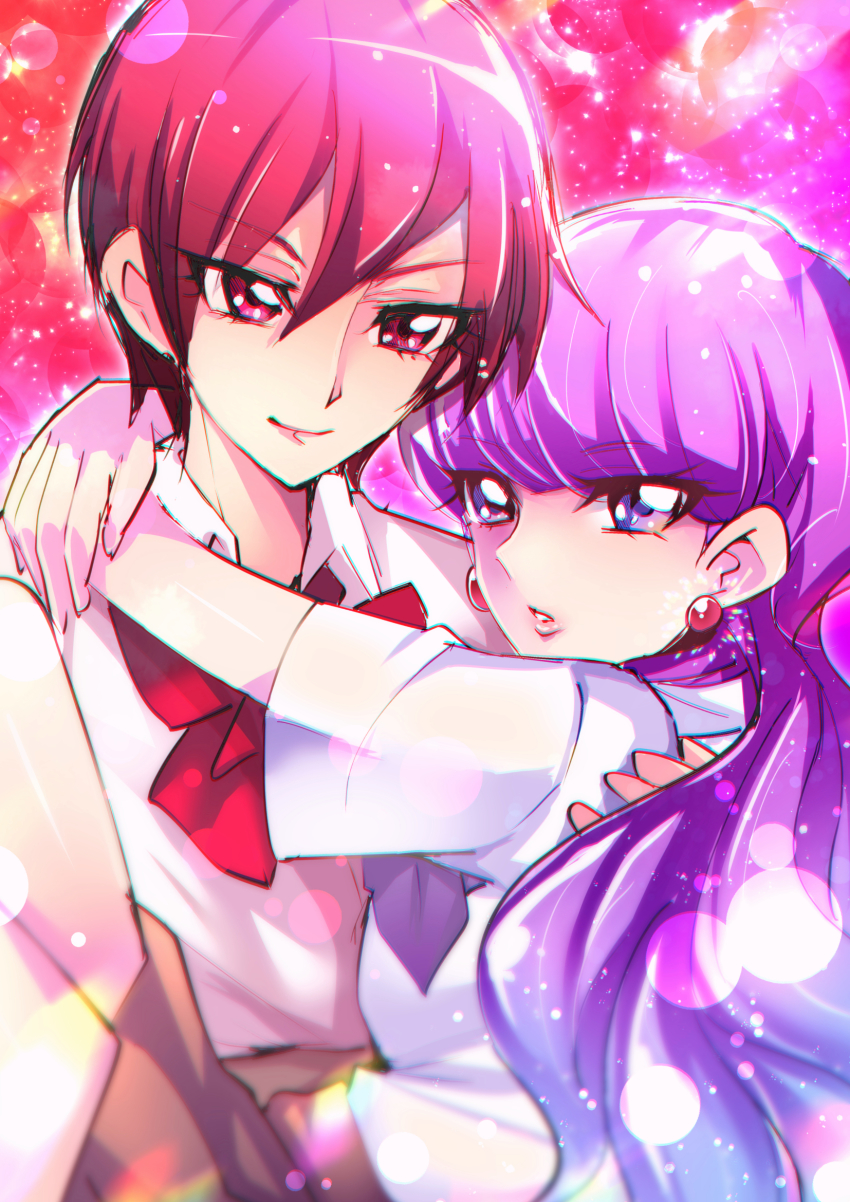 2girls, arms_around_neck, bow, bowtie, brown_skirt, carrying, closed_mouth, collared_shirt