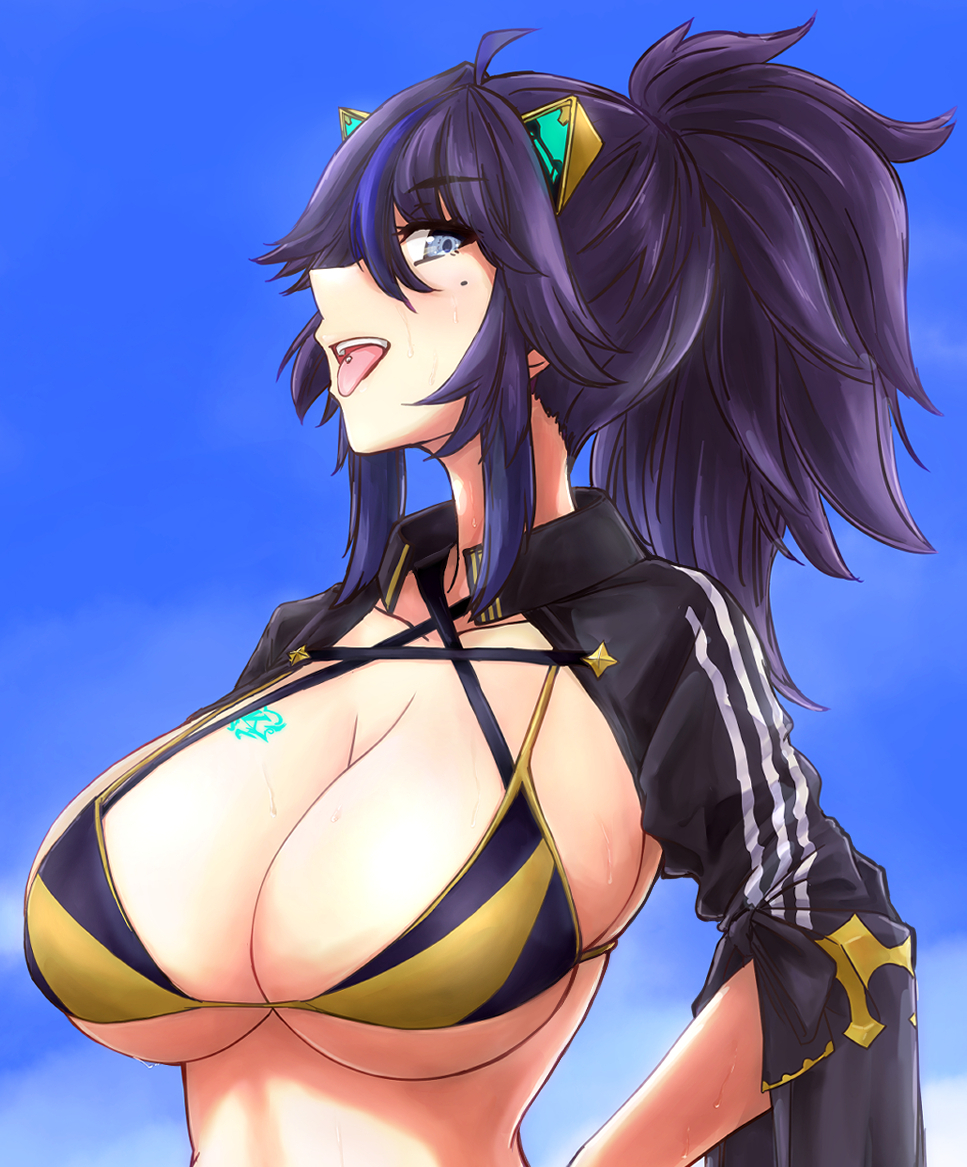 1girl, bikini, black_hair, blue_eyes, blue_hair, breasts, cleavage, itsuku_129, kson, large_breasts, mole, mole_under_eye, multicolored_hair, piercing, ponytail, solo, swimsuit, tattoo, breast_tattoo, tongue, tongue_out, tongue_piercing, two-tone_hair, virtual_youtuber, vshojo