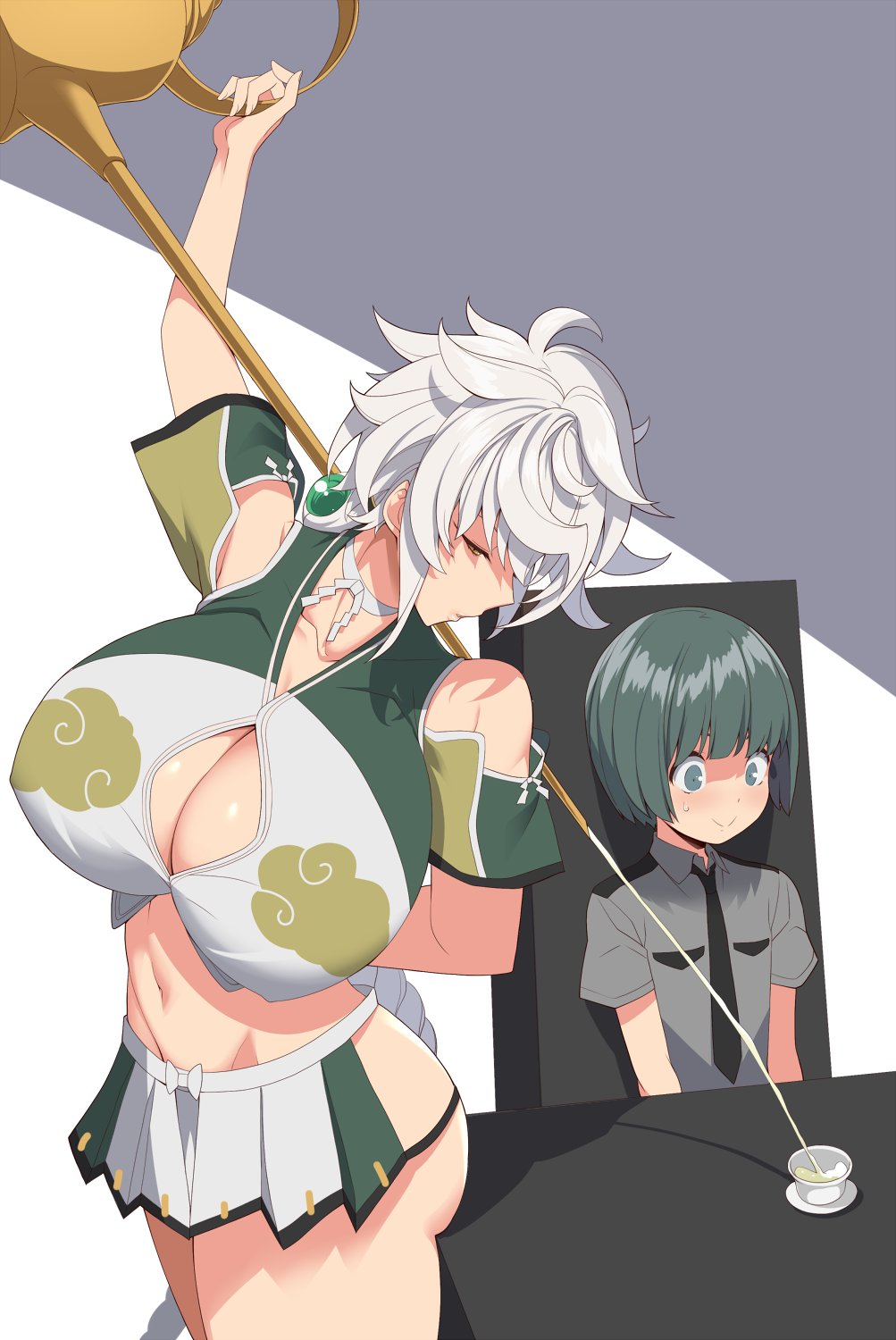 1boy, 1girl, admiral_(kancolle), asymmetrical_hair, braid, breasts, brown_eyes, cleavage_cutout, clothing_cutout, commentary_request, cup, decantering, dress, green_eyes, green_hair, highres, holding, holding_teapot, huge_breasts, kantai_collection, kloah, little_boy_admiral_(kancolle), long_hair, midriff, mundane_made_awesome, pleated_dress, pouring, short_hair, single_braid, table, tea, teacup, teapot, unryuu_(kancolle), very_long_hair, white_hair
