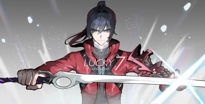 1boy, black_hair, blue_eyes, hair_tie, holding, holding_sword, holding_weapon, jacket, long_hair, long_sleeves, looking_at_viewer, lucky_seven_(xenoblade), male_focus, noah_(xenoblade), nyantcha, ponytail, red_jacket, shirt, solo, sword, weapon, xenoblade_chronicles_(series), xenoblade_chronicles_3