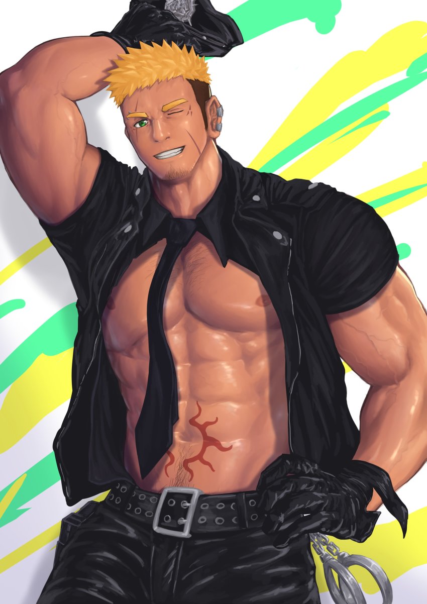 1boy, absurdres, bara, bare_pectorals, belt, black_belt, black_gloves, black_jacket