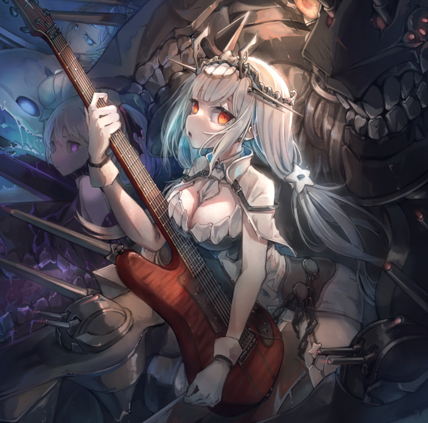 3girls, abyssal_pacific_princess, abyssal_ship, aircraft_carrier_princess_ii, blue_eyes, breasts, cleavage, electric_guitar