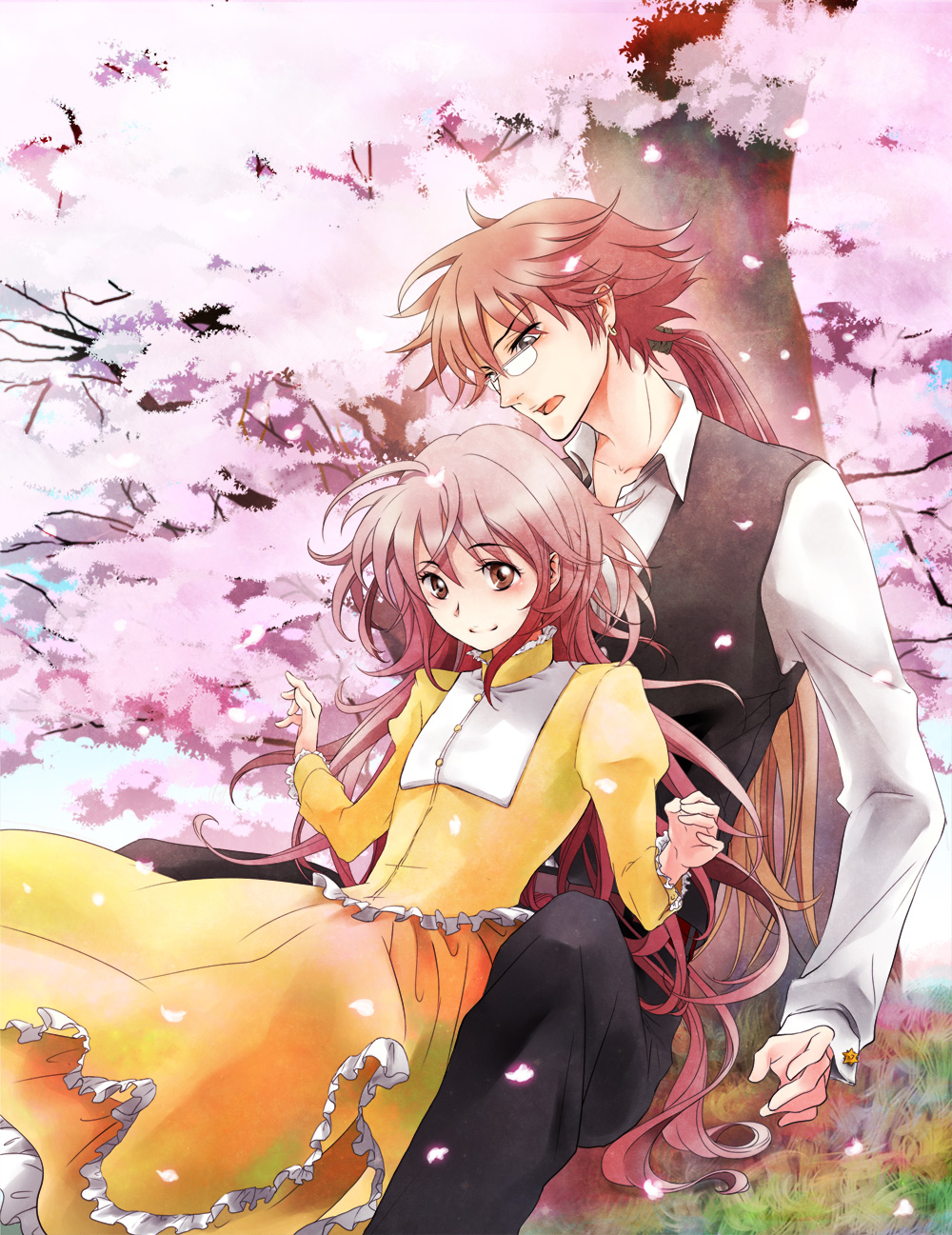 00s, 1boy, 1girl, bad_id, bad_pixiv_id, brown_eyes, brown_hair, cherry_blossoms