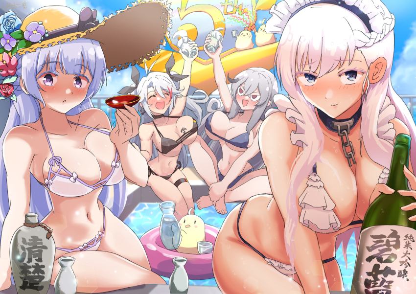 4girls, alcohol, azur_lane, barefoot, belfast_(azur_lane), bikini, black_bikini, blue_eyes