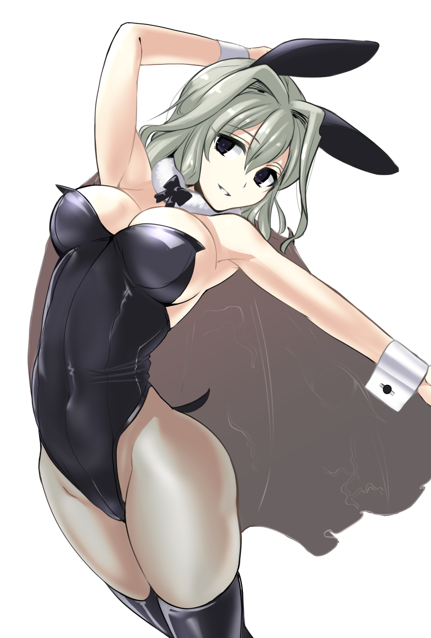 1girl, absurdres, aegis_(theoryiv), animal_ears, black_cape, black_eyes, black_leotard, black_thighhighs, borrowed_character, breasts, cape, choker, cleavage, devil's_hand_(ishiyumi), fishnets, fur_choker, green_hair, hair_intakes, highres, leaning_back, leotard, medium_breasts, original, parted_lips, playboy_bunny, rabbit_ears, smile, solo, thighhighs, white_choker, wrist_cuffs
