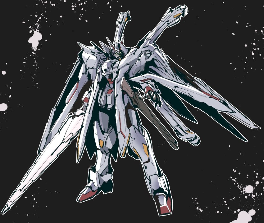crossbone_gundam, crossbone_gundam_ghost, crossbone_gundam_x-0, crossbone_gundam_x-0_full_cloth, green_eyes, gundam, highres, holding, holding_sword, holding_weapon, kato_takuji, mecha, mobile_suit, no_humans, open_hand, robot, science_fiction, skull_and_crossbones, solo, sword, thrusters, v-fin, weapon