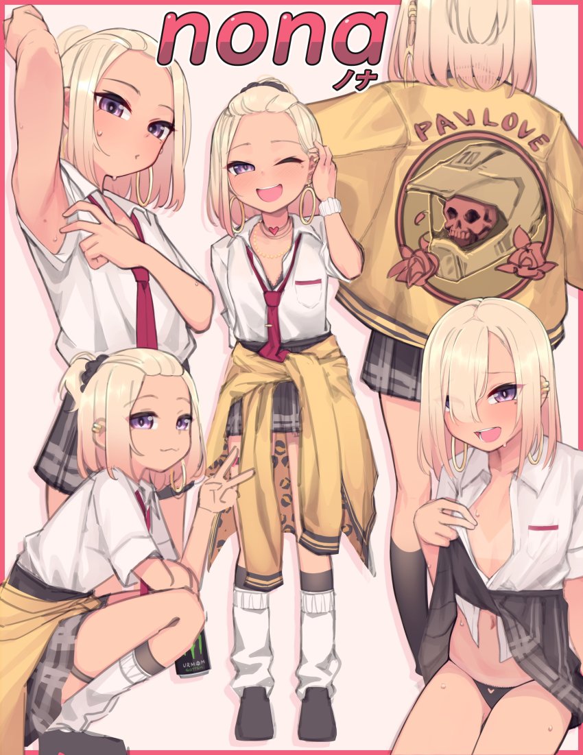 1girl, :3, absurdres, arm_up, armpits, black_footwear, black_panties, black_socks, blonde_hair, blush, brown_jacket, character_name, closed_mouth, clothes_around_waist, commentary, ear_piercing, earrings, eyelashes, female_focus, flat_chest, forehead, from_behind, full_body, gradient_hair, grey_skirt, gyaru, hair_over_one_eye, hand_up, heart, highres, hoop_earrings, jacket, jacket_around_waist, jewelry, kneehighs, leg_warmers, miniskirt, multicolored_hair, multiple_views, navel, necklace, necktie, nona_(yeun), one_eye_closed, open_mouth, original, panties, partially_unbuttoned, partially_undressed, piercing, pink_hair, plaid_clothes, plaid_skirt, presenting_armpit, print_jacket, purple_eyes, red_necktie, romaji_text, school_uniform, short_sleeves, skirt, socks, squatting, standing, stomach, sweatdrop, tan, tanline, teeth, thighs, underwear, upper_teeth_only, v, yeun