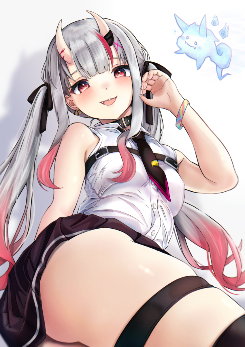 1girl, :d, earrings, fang, grey_hair, hair_ribbon, hair_spread_out, highres