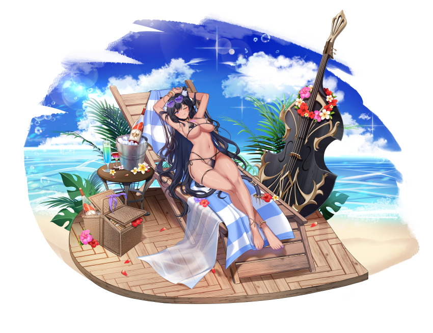 1girl, absurdres, alternate_costume, animal_ears, armpits, arms_up, barefoot, basket