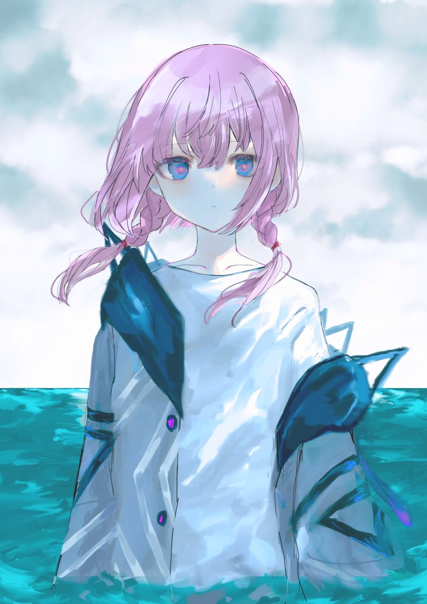 1girl, absurdres, blue_eyes, braid, buttons, closed_mouth, cloud, cloudy_sky
