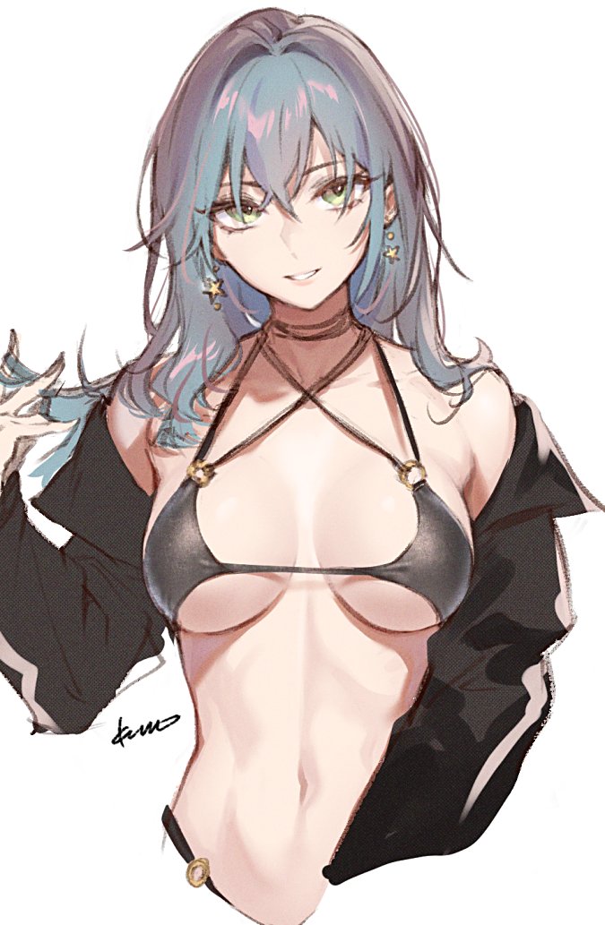 1girl, artist_name, bare_shoulders, blue_hair, breasts, breasts_apart, commentary_request, criss-cross_halter