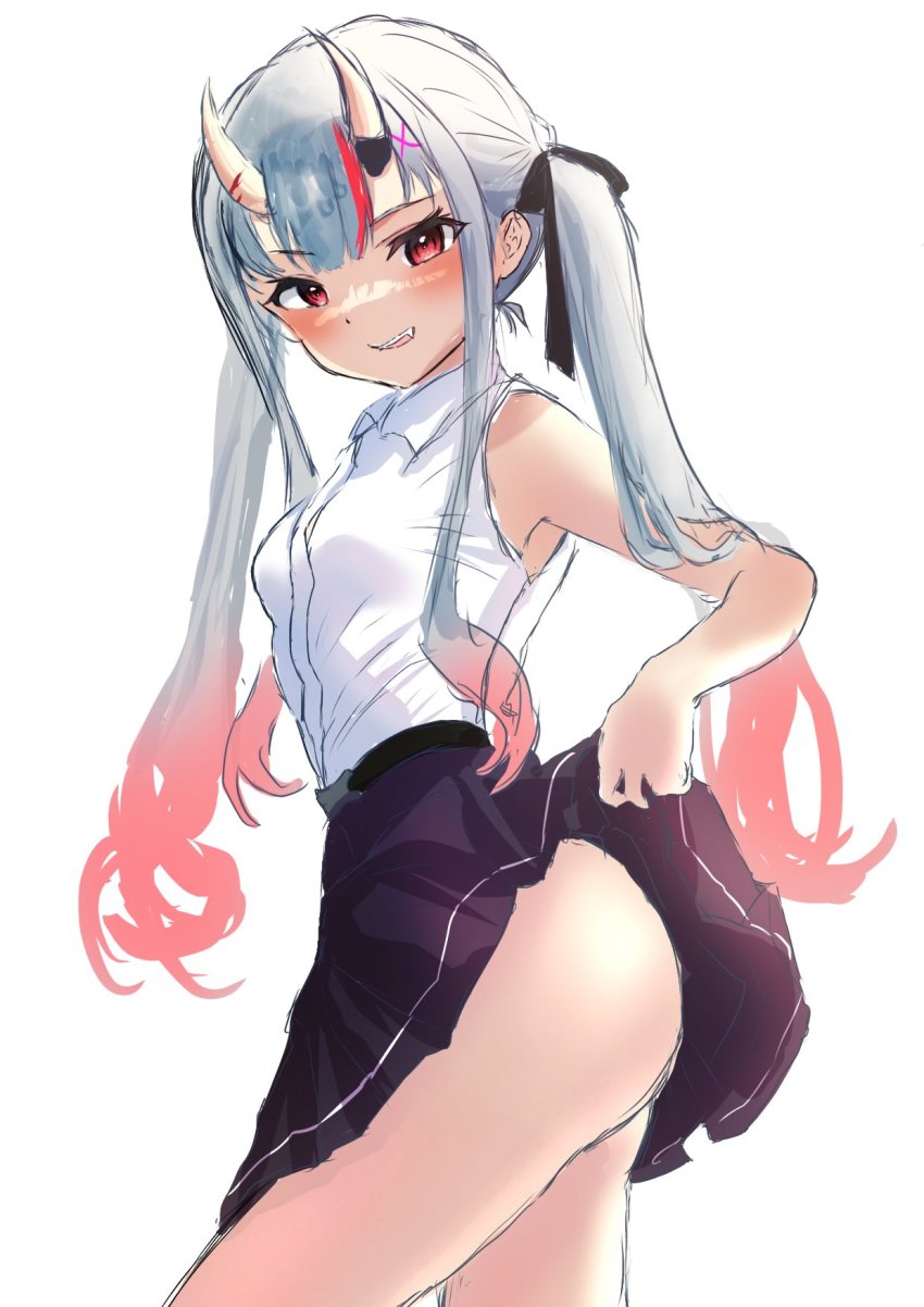 1girl, ass, clothes_lift, collared_shirt, fang, grey_hair, hair_ribbon, highres