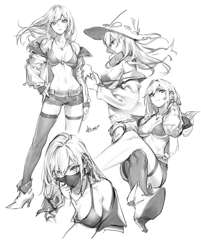 1girl, artist_name, asymmetrical_legwear, bare_shoulders, belt, boots, breasts, closed_mouth